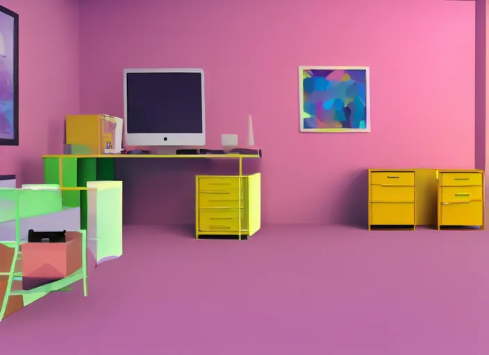 Image similar to steven universe inspired stanley parable office, colorful render in blender 3 d, normal workplace office, uhd, pastel 8 0 s, stylized