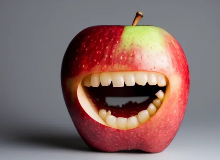 Image similar to photo still of an apple with human teeth, 8 k, studio lighting bright ambient lighting key light, 8 5 mm f 1. 8