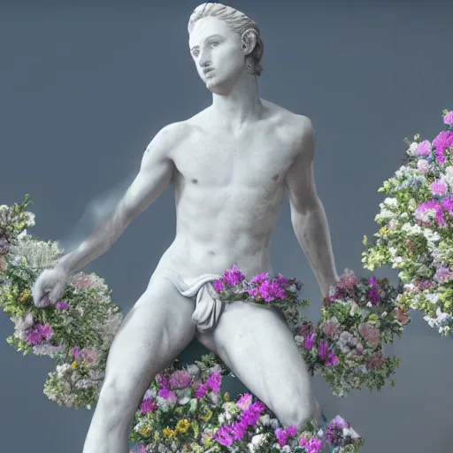 Prompt: a marble statue covered in flowers, full frame, cinematic light, 8k, hyper detailed , unreal engine,