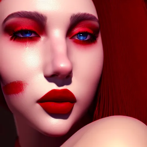 Image similar to hyperrealistic portrait of a women wearing thick red eyeliner with red lipstick, photorealistic, octane render, unreal engine, dynamic lighting, bet face, beautiful, wlop, cute, trending on artstation, fashion photography, volumetric lighting, very detailed faces, 4 k, award winning