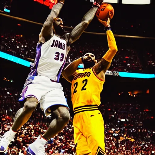 Prompt: a cheetah dunking on lebron james, high definition, very detailed, photorealistic, sports photography,