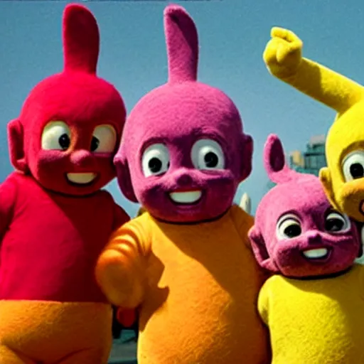 Image similar to The Teletubbies in a Los Angeles street gang, showing gang signs, photograph