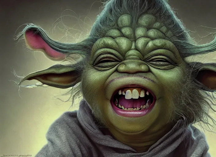 Image similar to a highly detailed portrait of a crazy laughing Yoda on a bad ketamine drug trip, drugs and alcohol littered everywhere, descent into lunacy and madness, dizzy, trippy, artstation, cgsociety, very detailed, intricate, detailed illustration, by artgerm and greg rutkowski and alphonse mucha, sharp, smooth, masterpiece