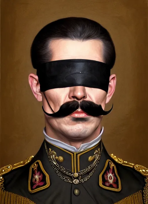 Image similar to portrait of supreme leader bald eye patch, moustache, royalty, extravagant, lord, full body, military uniform, fantasy, intricate, elegant, beautiful, highly detailed, charcoal, centered, dark, smokey, digital painting, artstation, concept art, art by artgerm and greg rutkowski and alphonse mucha
