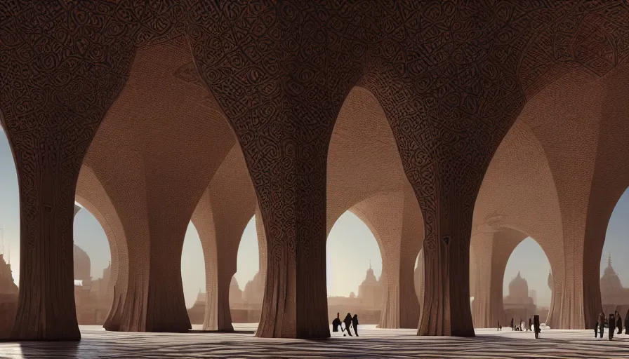 Image similar to the inside of a monument with arabian motifs, by tim blandin and arthur haas and bruce pennington and john schoenherr, big windows architecture by zaha hadid, octane render, cinematic, scenery, cgsociety, modernism, futuristic, trending on artstation, sci - fi, high detail, high quality, close up angle, people walking