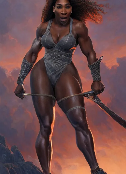 Image similar to serena williams as a ruggedly handsome hero holding an enormous large dual wielding sword, intricate, elegant, highly detailed, centered, digital painting, artstation, concept art, smooth, sharp focus, illustration, artgerm, donato giancola, Joseph Christian Leyendecker, WLOP, Boris Vallejo, Artgerm