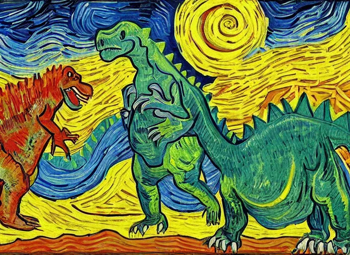 Image similar to many dinosaurs separated painting by van gogh