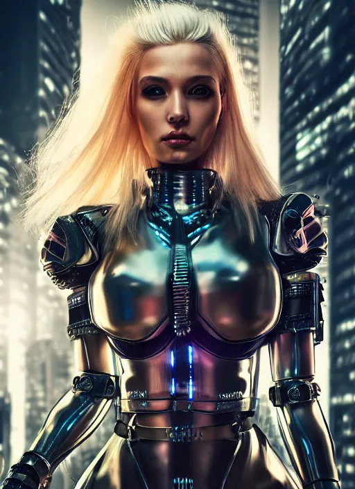 Image similar to photo of a gorgeous blonde female in cyberpunk city wearing plastic armor, realistic, sharp focus, 8 k high definition, insanely detailed, intricate, elegant, artgerm, greg kutkowski, high contrast dramatic lighting