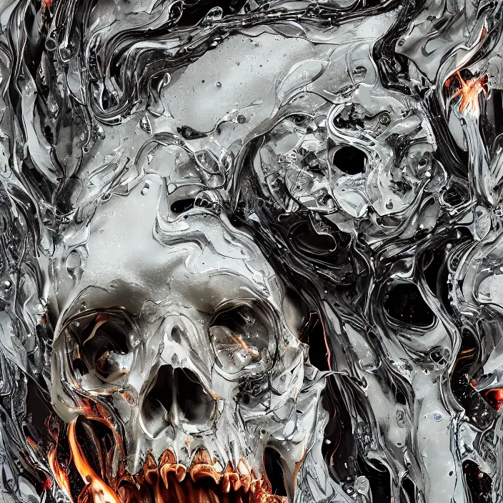 Prompt: portrait of a melting dripping skull. razor sharp teeth. burning water distortions. intricate abstract. intricate artwork. by Tooth Wu, wlop, beeple, dan mumford. octane render, trending on artstation, greg rutkowski very coherent symmetrical artwork. cinematic, hyper realism, high detail, octane render, 8k, depth of field, bokeh. iridescent accents