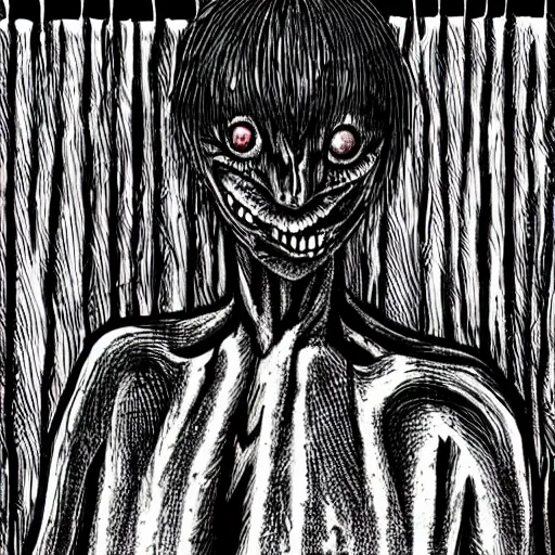 Image similar to manga panel of a skinwalker, junji ito, horror, scary, highly detailed,