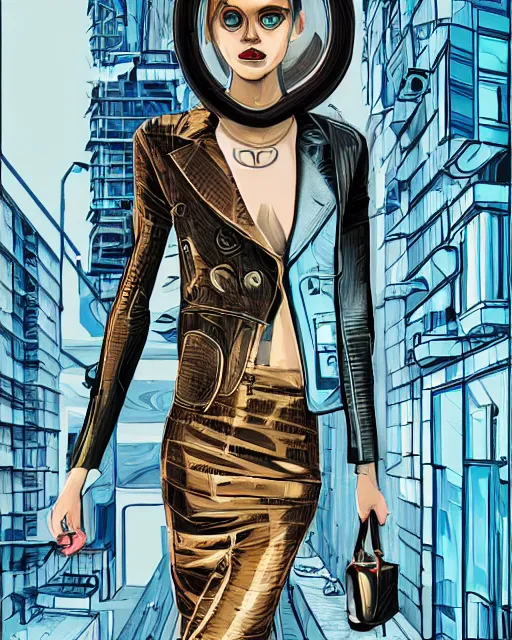 Image similar to cypherpunk fashion illustration, camera face, city street background with high tall buildings, abstract portrait highly detailed, finely detailed