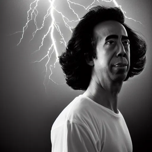 Image similar to Black and white portrait photograph of asian Jerry Seinfeld. 8k resolution. Time magazine. Dramatic lightning. Serious.