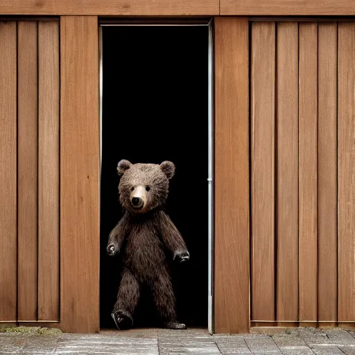 Image similar to dark photograph of a small bear mascot walking through a large wooden doorway