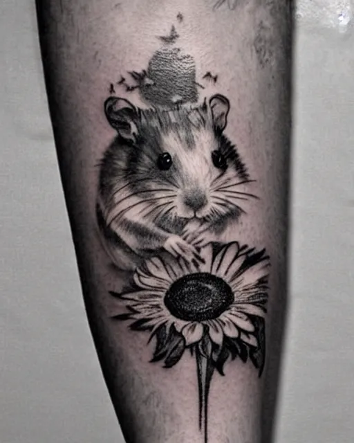 Image similar to creative double exposure effect tattoo design sketch of a hamster with a sunflower, realism tattoo, in the style of matteo pasqualin, amazing detail, sharp