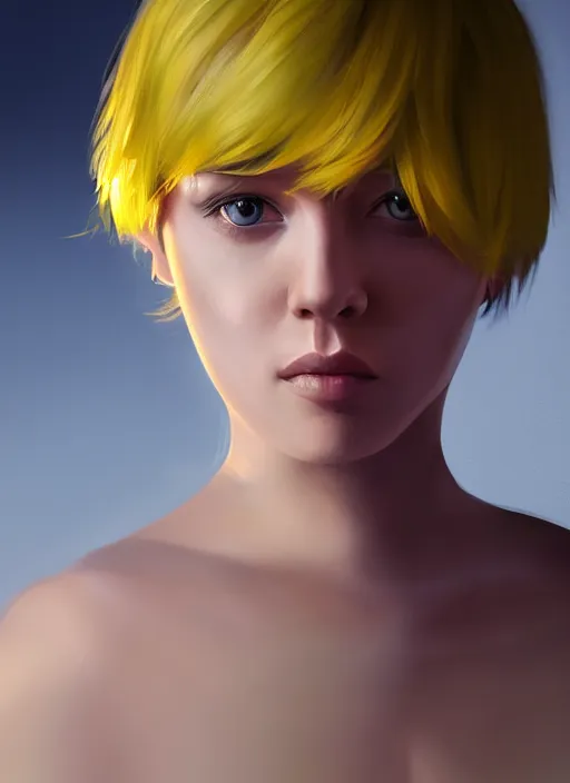 Image similar to portrait, young lady, yellow short hair, realistic, computer painting, volumetric lighting, detailed