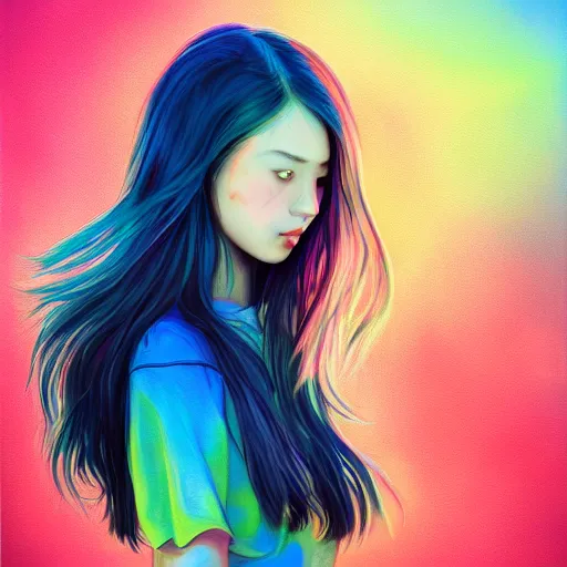 Image similar to a painting of a hard surfaces girl with long hair, digital art by ryuzaburo umehara, featured on pixiv, detailed illustration, digital art, synchromism, flat shading, full body, metaphysical painting, speedpainting, digital painting, holographic undertones, highly saturated colors, 4 k, digital art, concept art, trending on artstation