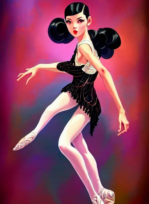 Image similar to a beautiful dancer with black hair in 1930's fashion, ballroom background, intricate, highly detailed, digital painting, artstation, official media, anime key visual, concept art, rich vivid colors, ambient lighting, sharp focus, illustration, art by Artgerm, Makoto Shinkai, Ilya Kuvshinov, Lois Van Baarle, and Rossdraws