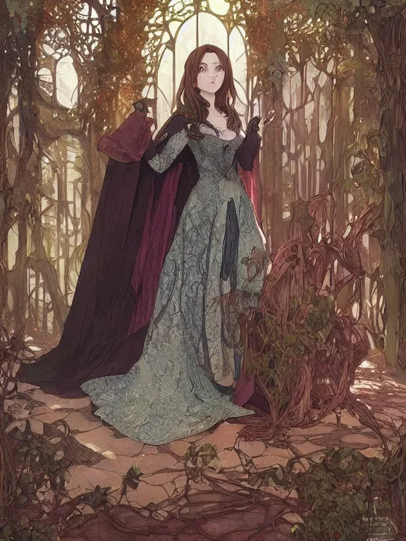 Image similar to anime key visual of jodie marie comer the enchantress wearing a medieval gown!! intricate, magical forest, stunning, highly detailed, digital painting, artstation, smooth, hard focus, illustration, art by artgerm and greg rutkowski and alphonse mucha