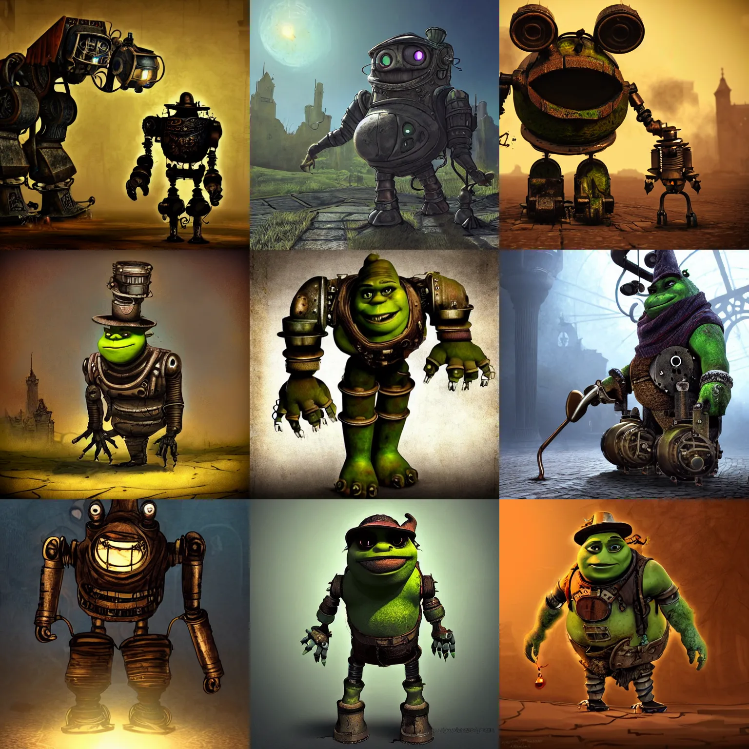 Prompt: Steampunck Shrek-like robotic entity, solarpunk,decay,darksouls,epic lighting