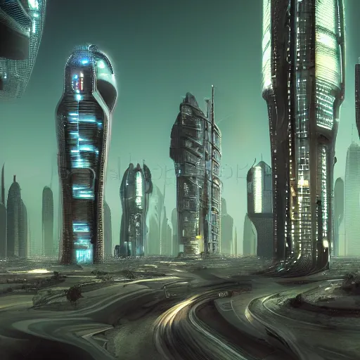 Prompt: futuristic city in the Arabian desert, cyberpunk, dark lighting