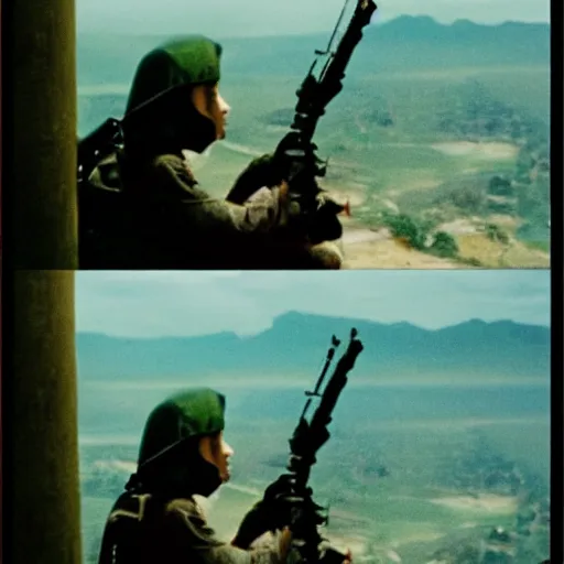 Image similar to film still, extreme far view, emma watson vietnam door gunner, film still from apocalypse now ( 1 9 7 9 ), 2 6 mm, kodak ektachrome, blue tint expired film,