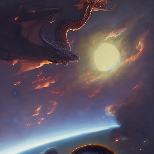 Prompt: Dragon devouring an earth like planet in space, sun system, nebula in the background, oil painting, by Fernanda Suarez and Edgar Maxence and Greg Rutkowski