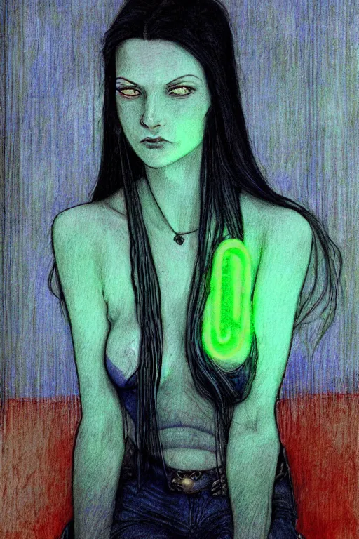 Prompt: blue hair girl with pale skin in a gloomy hotel room with green neon lights. portrait drawing by enki bilal. Art Nouveau, Neo-Gothic, gothic, rich deep moody colors