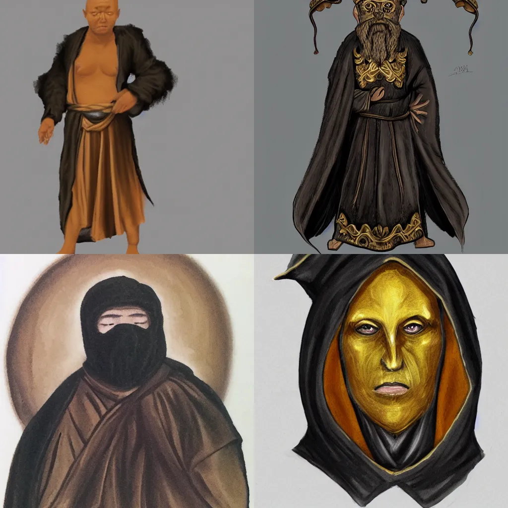 Prompt: a monk in a black fur cloak with a bronze mask concept art