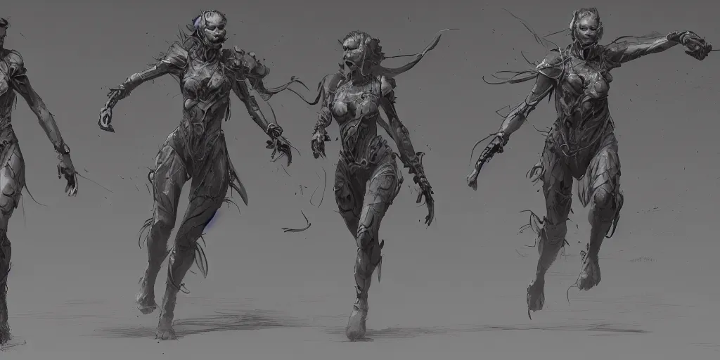 Image similar to samara weaving running cycle, character sheet, fine details, concept design, contrast, kim jung gi, greg rutkowski, trending on artstation, 8 k, full body, turnaround, front view, back view, ultra wide angle