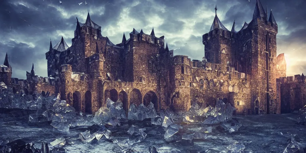 Prompt: medieval baroque castle made of crystal shards, epic landscape, iceland photography, cinematic, octane render, 8 k, artstation trends, dramatic lighting, beautiful dusk sky, concept art, rococo photo realistic, intense detail