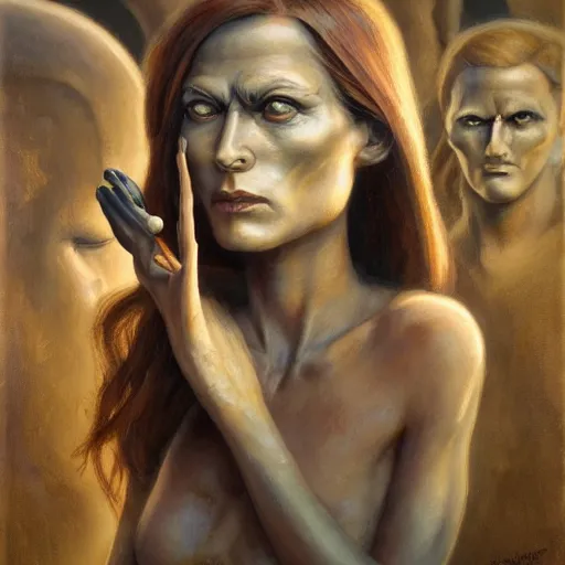 Image similar to detailed face of a woman with obsidian eyes in a biomorphic courtyard with dna sculptures at a science expo, atmospheric, ambient, pj crook, syd mead, livia prima, artgerm, greg rutkowski, nick alm, casey baugh