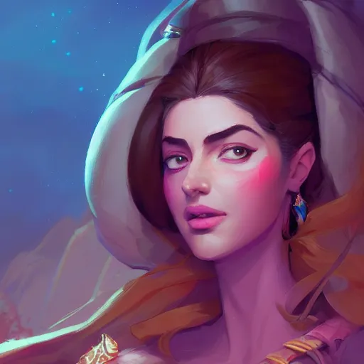 Image similar to beautiful female portrait, maya ali mage, gloomhaven, dynamic lighting, gaudy colors, octane render aesthetic, matte painting concept art, official fanart behance hd artstation by jesper ejsing, by rhads and makoto shinkai and lois van baarle and ilya kuvshinov and rossdraws