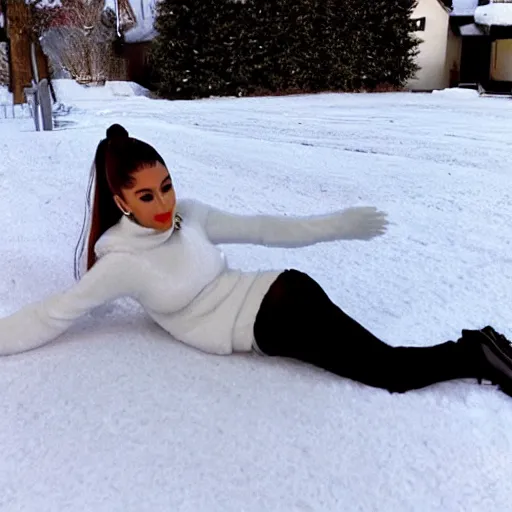 Image similar to ariana grande making a snow angel, symmetric!!!!!