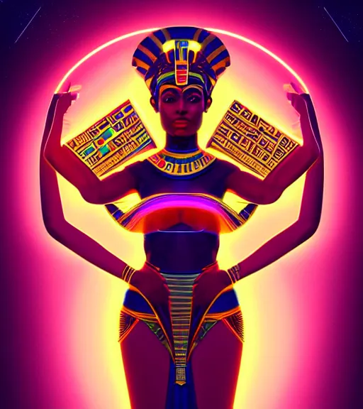 Image similar to symmetry!! egyptian goddess of technology, solid cube of light, hard edges, product render retro - futuristic poster scifi, lasers and neon circuits, brown skin beautiful egyptian goddess, intricate, elegant, highly detailed, digital painting, artstation, concept art, smooth, sharp focus, illustration, dreamlike, art by artgerm