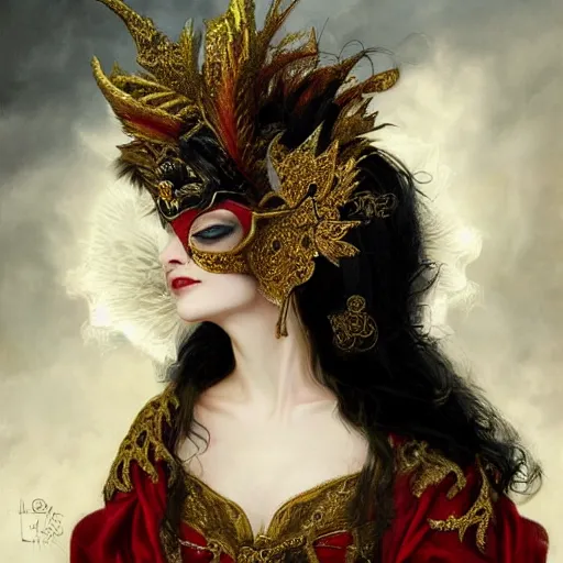 Prompt: portrait of a red sorcerer, sharp focus, black hair, baroque, rococo, highly detailed, intricate, bird mask, white, regal clothing, gold ethereal light, by livia prima