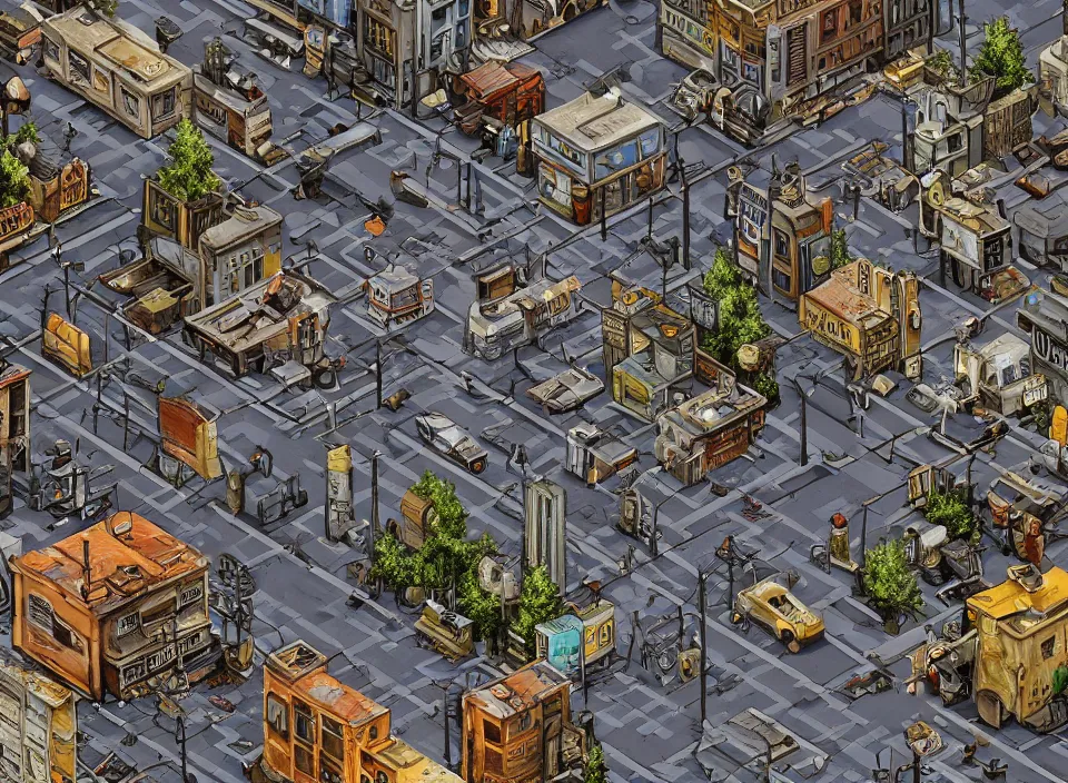 Prompt: Screenshot of a Polish city street in Fallout 2 (1998), isometric perspective, postapocalyptic, bird's eye view, prerendered isometric graphics, high quality