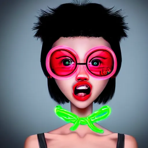 Prompt: beautiful Girl with a bandana, big mouth, big eyes, short black hair, in a neon style, close up