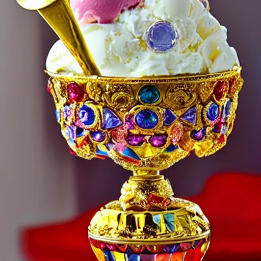 Image similar to an ice cream sundae made out of gems, high clarity gems, elegant and ornate,