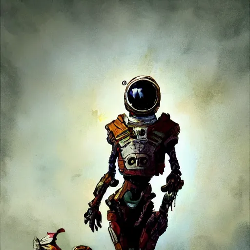 Image similar to a space boy hero in an exoskelton harrd suit character designed by Jean-Baptiste Monge and ashley wood and phil hale and Sergio Toppi, 4K post processing