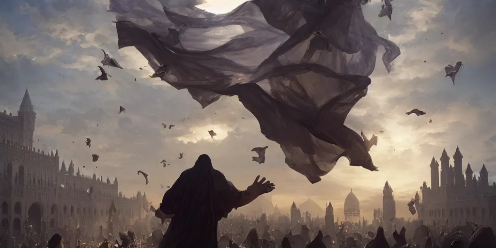 Prompt: man in robes throwing mamluk cards into the air, cards in the breeze, swarm of cards, cloud of cards, fantasy art by greg rutkowski, soft lighting, volumetric lighting