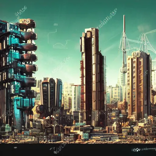 Image similar to several giant robot sky scrapper tower, people living inside robot stomach,retro sci fi, Robotjox, urban decay surroundings