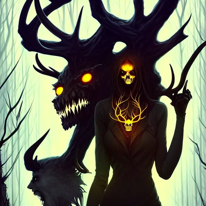 Prompt: style artgerm, joshua middleton, rafael albuquerque, peter mohrbacher : : scary wendigo with antlers and skull face mixed with werewolf : : [ [ beautiful female witch wearing a black dress, yellow eyes, symmetrical face, on the right side ] ] : : in the forest, detailed, dark and foggy, cinematic lighting
