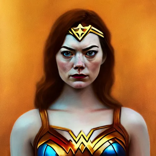 Image similar to cinematic upper third of emma stone as wonder woman, full costume, intricate, elegant, by alyssa monks, highly detailed, symmetrical face, fine details, masterpiece, trending on artstation