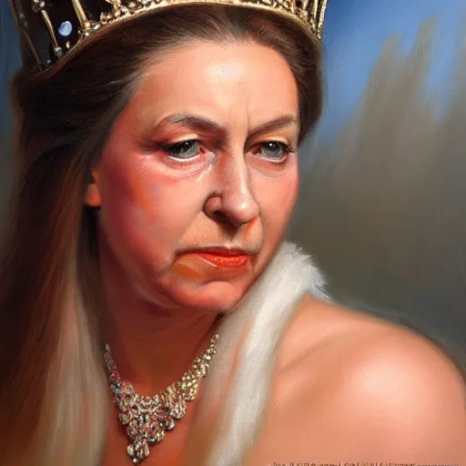 Prompt: ultra - realistic head and shoulders portrait painting of the queen. art by ken kelly. 4 k. ultra - realistic. highly detailed. epic lighting