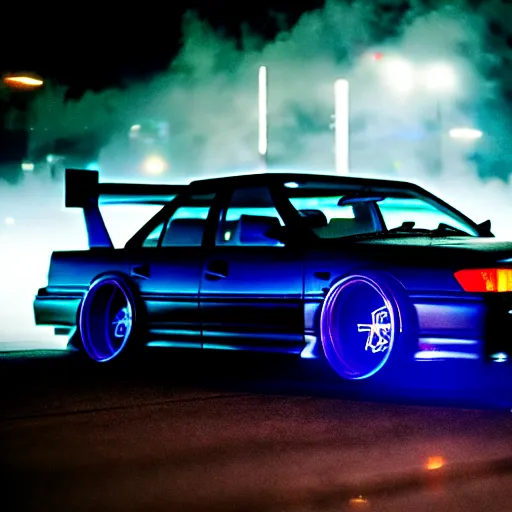 Prompt: a cyberpunk car JZX100 turbo at illegal car meet, Saitama prefecture, city midnight mist lights, cinematic color, photorealistic, highly detailed, 200MM