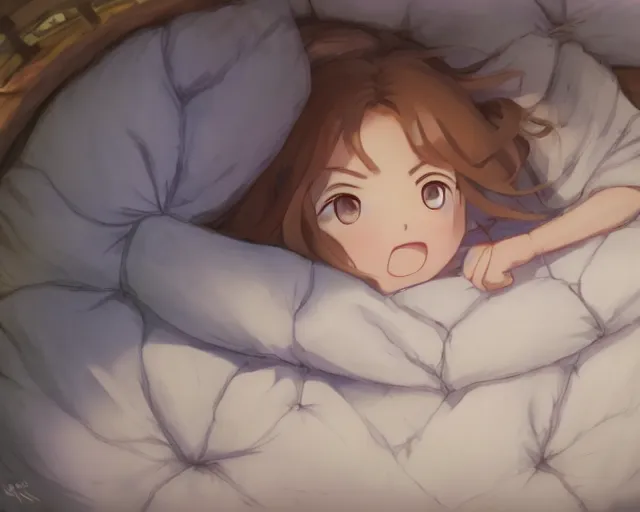 Image similar to a brunnete girl with blue eyes and puffy cheeks lying happy in her bed, close up shot from the top, anime art, Greg Rutkowski, studio ghibli, dramatic lighting