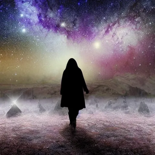 Image similar to dreamy vision of ghosts walking through milky way galaxy, epic, cosmic