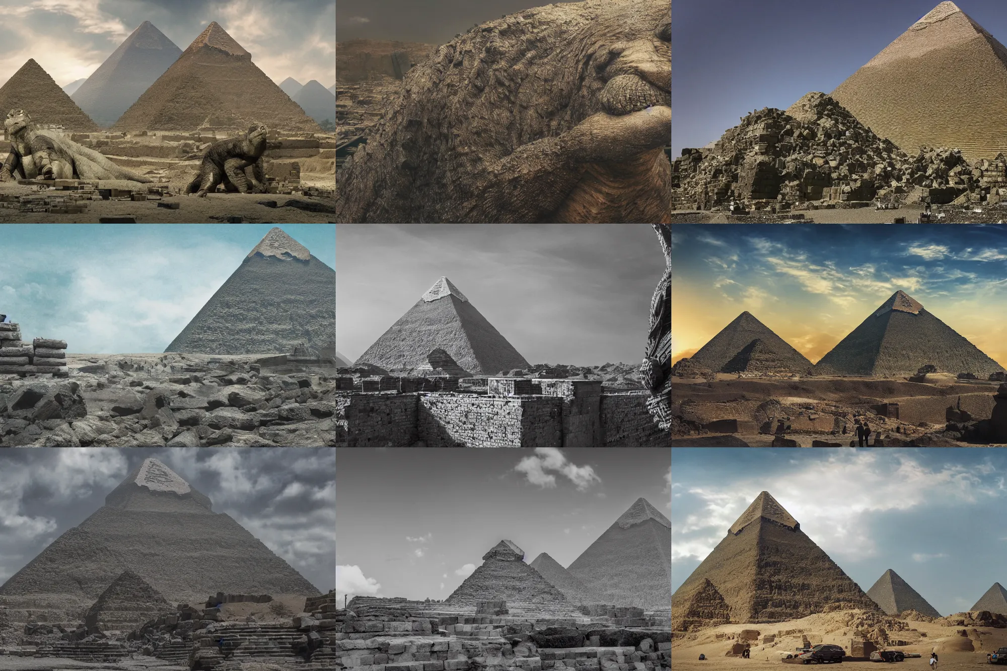 Prompt: wide angle view, godzilla ruins pyramid giza, photorealistic, insanely detailed, daylight, tele photo lens, 8 k
