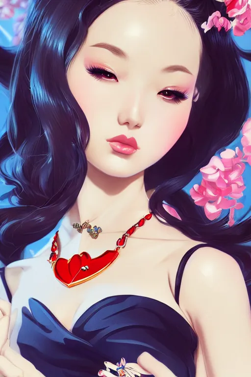 Image similar to a pin up and beautiful fashion dreamlke japan girl with lv jewelry, character art, art by artgerm and wlop and and ilya kuvshinov, hyperdetailed, 8 k realistic, symmetrical, frostbite 3 engine, cryengine, dof, trending on artstation, digital art, chanel, dior, fantasy background
