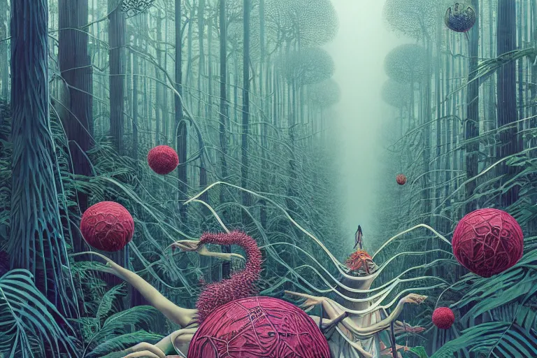 Prompt: lots of glass details, a lot of exotic vegetation, trees, flowers, dull colors, in the foggy huge forest covered with web and cotton, by moebius, junji ito, tristan eaton, victo ngai, artgerm, rhads, ross draws, hyperrealism, intricate detailed, risograph